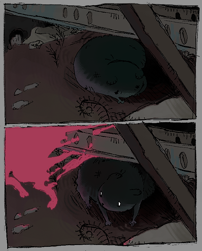 SLUGTIPEDE's tweet photo. #rainworld short comic about a lost pup, after the artificer's ascension (1/4) https://t.co/umfTrVa6JU