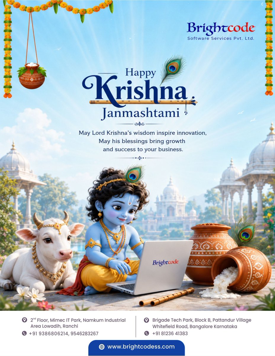 brightcodebss's tweet photo. May Lord Krishna’s wisdom inspire innovation, growth, and success. 🦚✨

Wishing you a blessed Krishna Janmashtami from Brightcode Software Services Pvt. Ltd. 🙏

📍 Ranchi | 📞 +91 9386806214, 9546283267
📍 Bangalore | 📞 +91 81236 41383

#KrishnaJanmashtami #Janmashtami https://t.co/EBwOVl1Nap