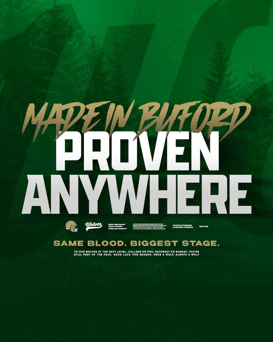 buford_football's tweet photo. Built on Friday nights. Playing on Saturdays and Sundays.
Good luck to every #NextLevelWolf this season.
#Gloryland | #AppEra https://t.co/DpDZRY3mF0