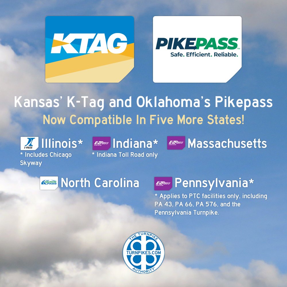 turnpikeinfo's tweet photo. Driving around the country just got a tad easier this week. In case you missed it, Kansas and Oklahoma have new interoperability agreements so those with a K-Tag or PikePass can now drive in more states, and those with an E-ZPass from Pennsylvania or Massachusetts, or a QuickPass or I-Pass, can now use their transponders on Kansas and Oklahoma toll roads. This is a big deal, as we step closer to true interstate compatibility.