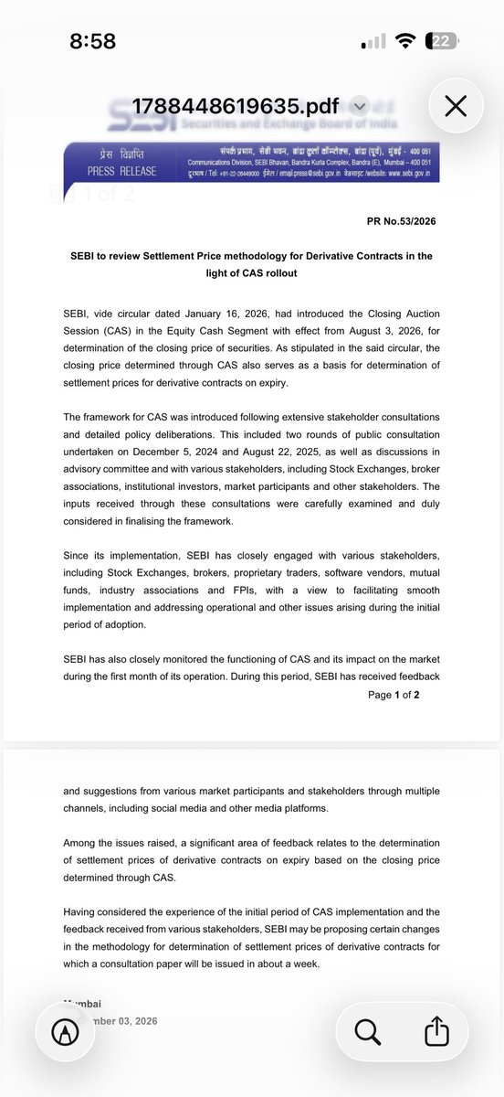 _anujsinghal's tweet photo. BIG BREAKING: SEBI to review derivative price settlement in CAS. To bring a consultation paper within a week to implement the changes. 

Thanks to all our viewers for all the love and support for our CAS coverage 

#CASKiAwaaz https://t.co/8wzVR39O00