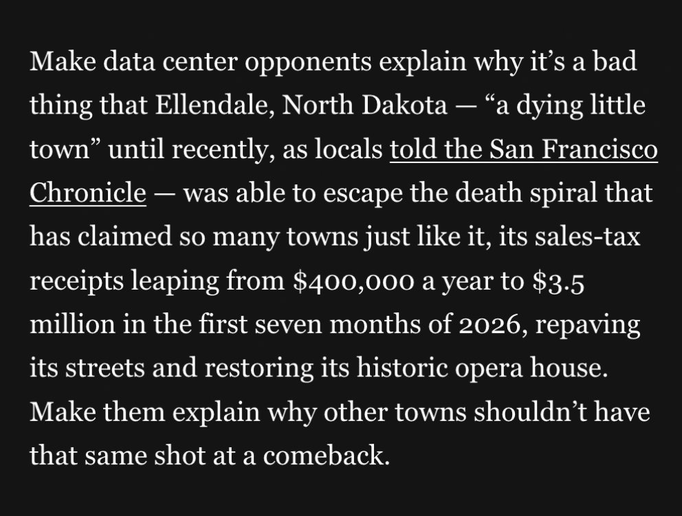 innovationcncl's tweet photo. 🔥 This is how you win the argument on data centers.

As @Budowich writes: listen to communities, address concerns head-on, then make opponents EXPLAIN why towns like Ellendale, ND shouldn’t get the chance to revive Main Street, rebuild infrastructure and bring in new revenue. https://t.co/xFs3Kv5qPf