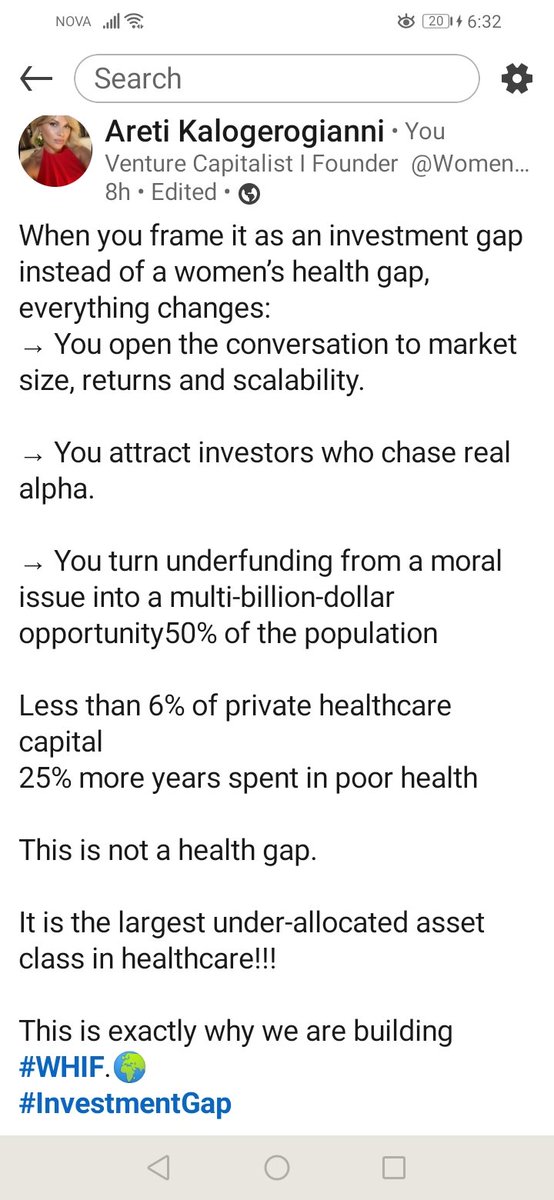 1Aretikalo's tweet photo. Investment gap instead of a women’s health gap, everything changes:

→ You open the conversation to market size, returns and scalability

→ You attract investors who chase real alpha

→ You turn underfunding from a moral issue into  opportunity

@wef @WHIF_global https://t.co/DLxvBT4MuU