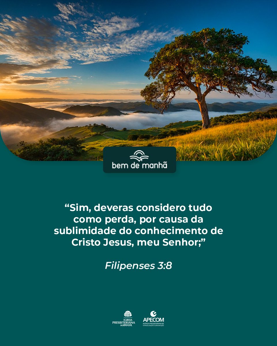 ipboficial's tweet photo. Bem de Manhã: Comece o dia meditando na sabedoria de Deus.

“Sim, deveras considero tudo como perda, por causa da sublimidade do conhecimento de Cristo Jesus, meu Senhor;”

Filipenses 3:8 https://t.co/ZipciBuuth
