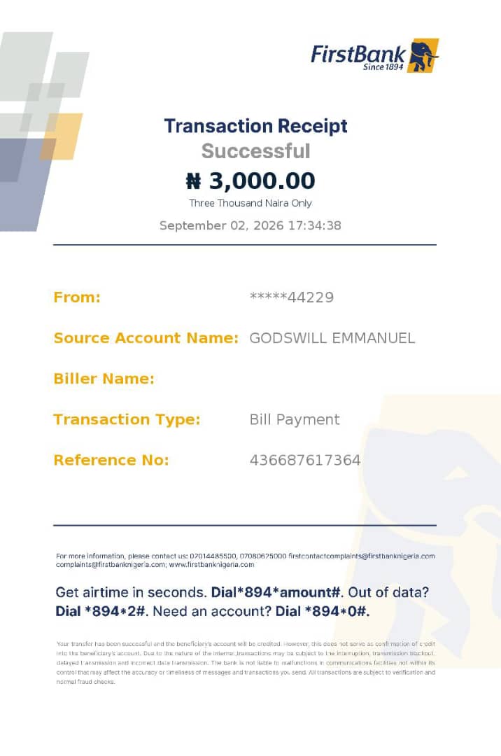 gemmanuel2's tweet photo. @FBN_help @cenbank I recharged my MTN line 08167960576 with 3,000 naira. FBN debited my account. But MTN did not credit my line with it. Kindly assist in reversing the transaction. Thank you https://t.co/yBnb7ruY3S