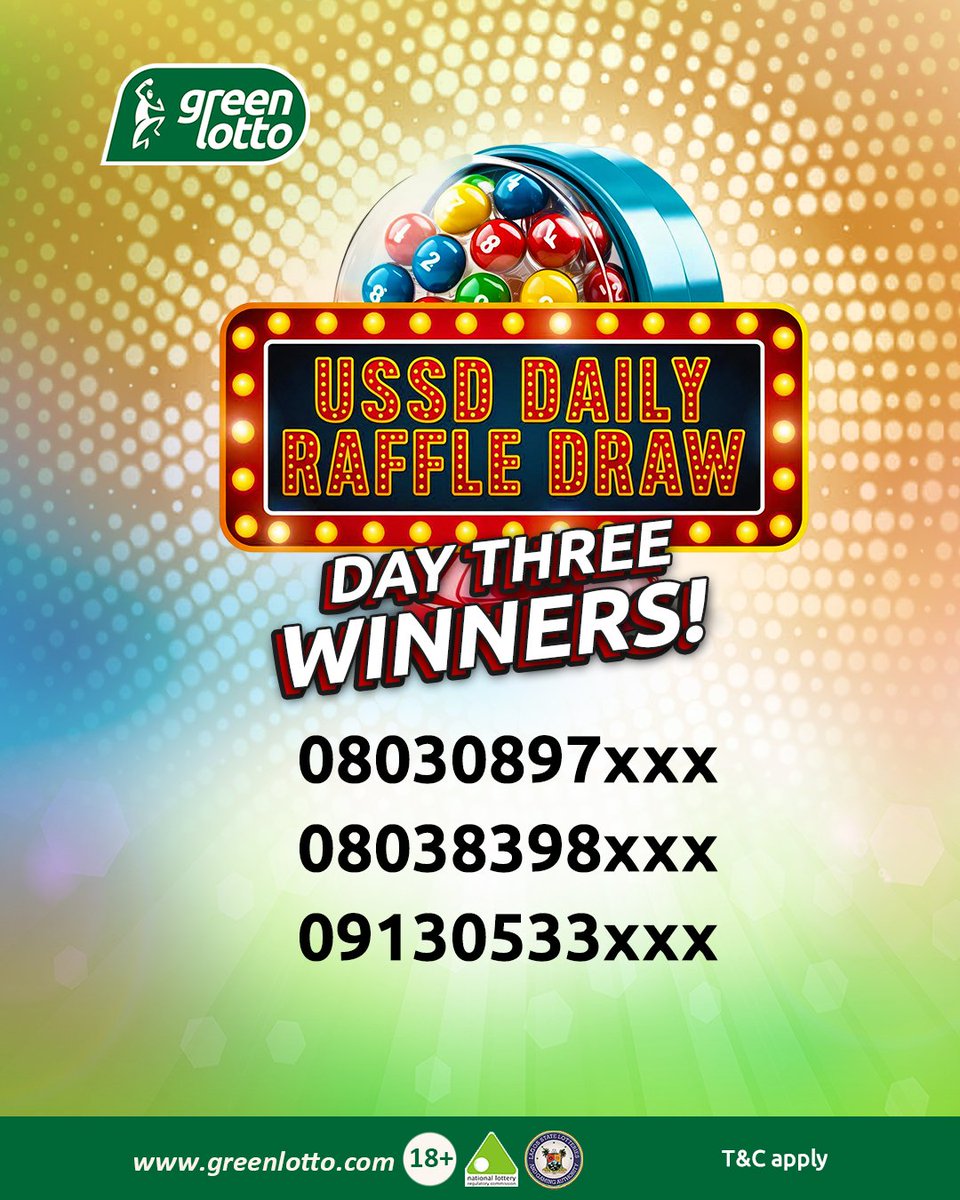 GreenlottoNg's tweet photo. 🎉 Congratulations to our 3 lucky winners! 🥳

Each winner will receive ₦500 airtime.

Didn’t win today? Don’t worry! Play *₦100 tomorrow via 73342# for another chance to be among the winners.

📱 Available on Glo & MTN.

Day 4 is the final day! Stay tuned for more winners. 💚

#GreenLotto #RaffleDraw #Day1Winners #GreenLottoNG #USSDRaffle #Congratulations