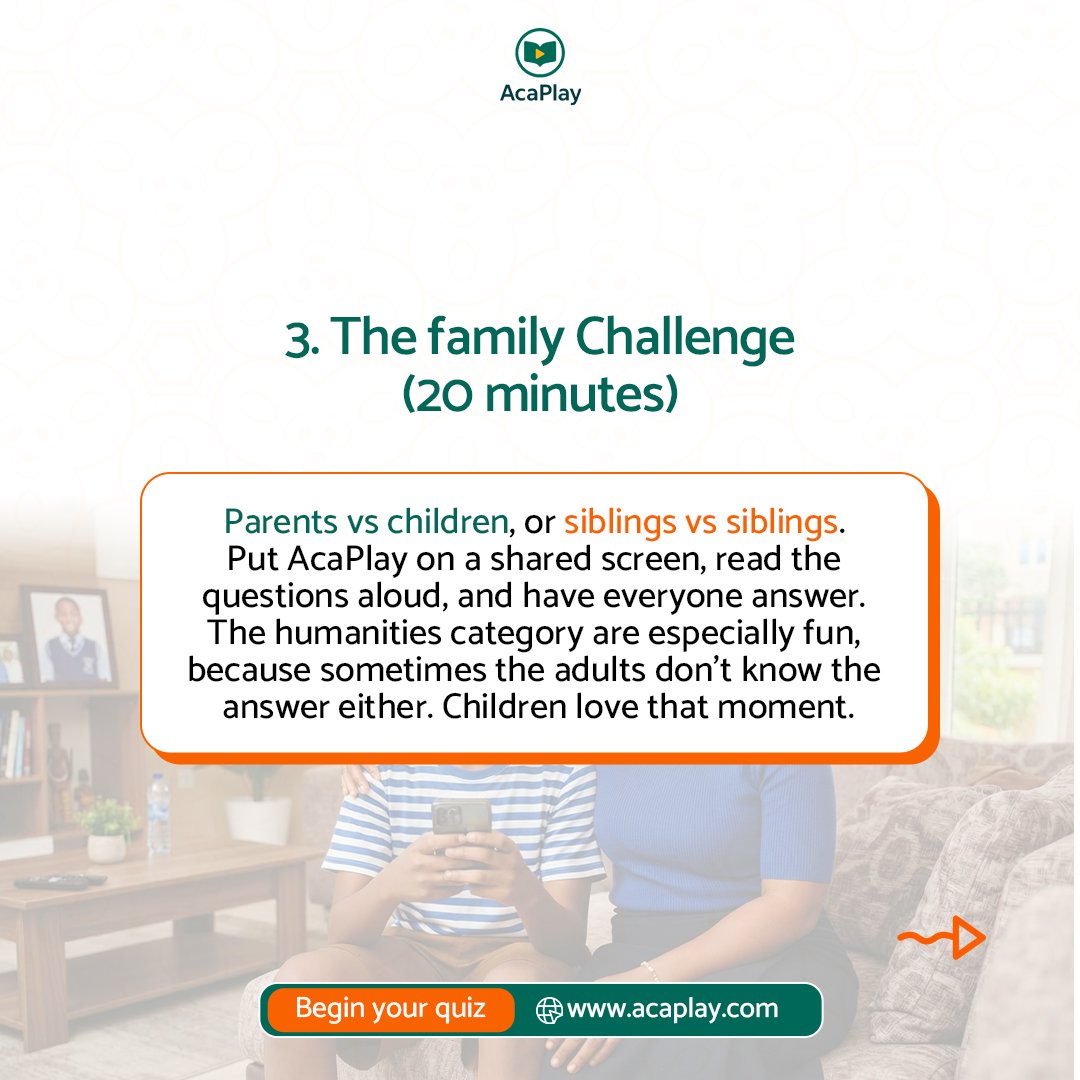 Acaplayng's tweet photo. this weekend to ignite their excitement &amp; foster a love for learning.

Which of these ideas sounds most doable for your family?

It’s free for you and your child to get started.

Visit https://t.co/posboIRBJE to begin a quiz today!

#acaplay #education #nigeria #secondaryschool https://t.co/xK0Mt5fGJd