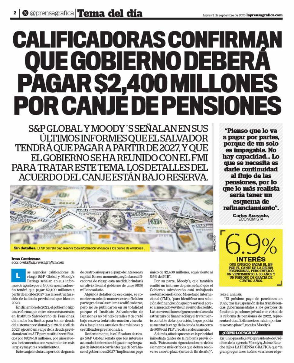 Lemusrafa's tweet photo. #Moodys y #StandardAndPoors confirman pago del #Gobierno por $2,400 millones (5.5% del PIB), en 2027.

Implicaciones:
❎ La #Deuda se elevaría en 5.5% del PIB, superaría 95%. Durante los años de (2023-2026) la obligación quedó disfrazada, como dejar de pagar por el Gobierno, un falso ahorro
❎ El pago de $2,400 millones es impagable con fondos propios. Requerirá nueva deuda
❎ A partir de 2027 se tendría que asumir un pago de intereses de cerca de $500 millones/año, excepto que se recurra a otro nefasto #Impago contra los #Trabajadores 

❌ #Gobierno desde 2023 ocultó y negó todo el acceso a la información sobre pensiones y casi toda la información de compras con fondos públicos... La falta de #Transparencia generó que lo poco que se informe es por medio de Calificadoras de Riesgo
❌ El #Ahorro de los #Trabajadores se le mete la mano y no se informa, lo agarra el Gobierno como si fuera de su propiedad. Se viola la #Constitución de forma cínica, no se emiten decretos que contengan las condiciones de deuda de pensiones, tasa de interés, plazo, periodos de gracia. De forma abrupta se conoce que se debe pagar $2,400 millones en 2027
❌ El dinero del #Ahorro de los #Trabajadores se trianguló para comprar deuda (bonos) del #BancoHipotecario y después, se compró bonos del Gobierno y se otorgó créditos a los #Diputados #Puyabotones de #NuevasIdeas