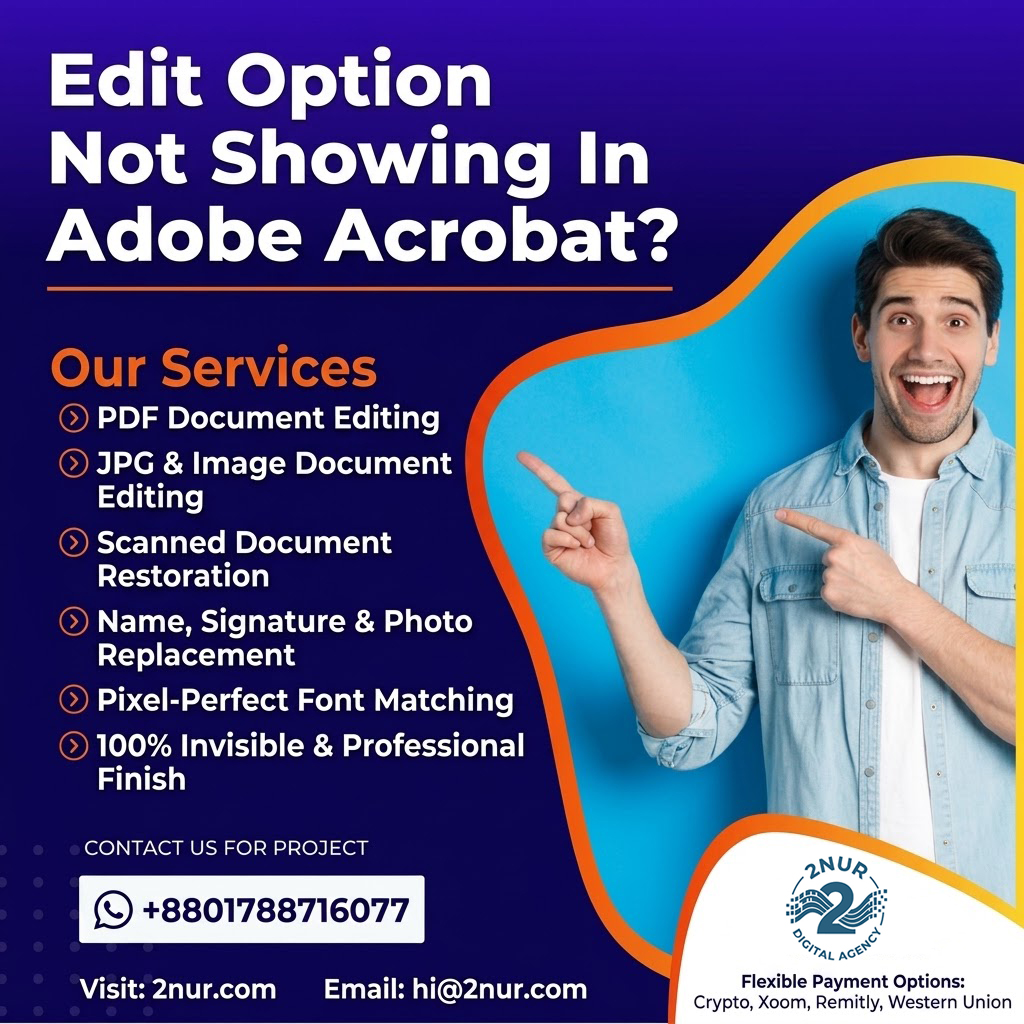 EditMasterPDF's tweet photo. Edit Option Not Showing in Adobe Acrobat?

🔒 100% Confidential &amp; Secure
💳 Global Payments Accepted
📥 Send your locked PDF to 2NUR Digital Agency:
📲 WhatsApp: +8801788716077
🌐 Website: https://t.co/V1vltcvxwB

#AdobeAcrobat #PDFEditing #LockedPDF #DocumentEditing #2NURDigital https://t.co/DSzmxcPmaj