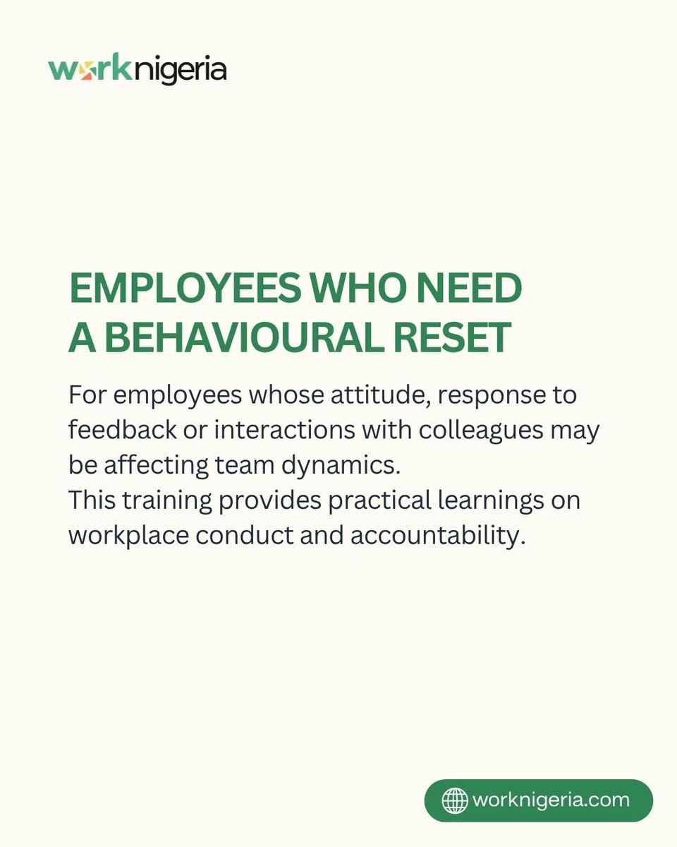 worknigerialtd's tweet photo. Every team member represents your organisation, whether they are speaking with a client, welcoming a visitor, or navigating a tough conversation with a colleague.

#workconducttraining #worknigeria #corporatetraining #traininganddevelopment https://t.co/3giH0xU78M