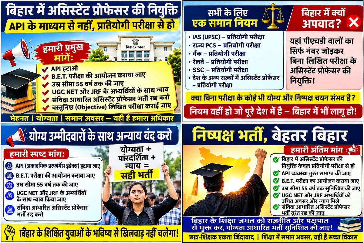Vimal_Tiwari2's tweet photo. बिहार के शिक्षा जगत को राजनीति और पक्षपात से मुक्त कर योग्यता आधारित भर्ती सुनिश्चित की जाए। असिस्टेंट प्रोफेसर की नियुक्ति API नहीं , वस्तुनिष्ठ लिखित परीक्षा के माध्यम से हो। योग्य उम्मीदवारों के साथ अन्याय बंद हो।
@samrat4bjp
@atahasnain53
@Live_Cities
@RamKashy1p
#APIhatao https://t.co/tyMidHTe50