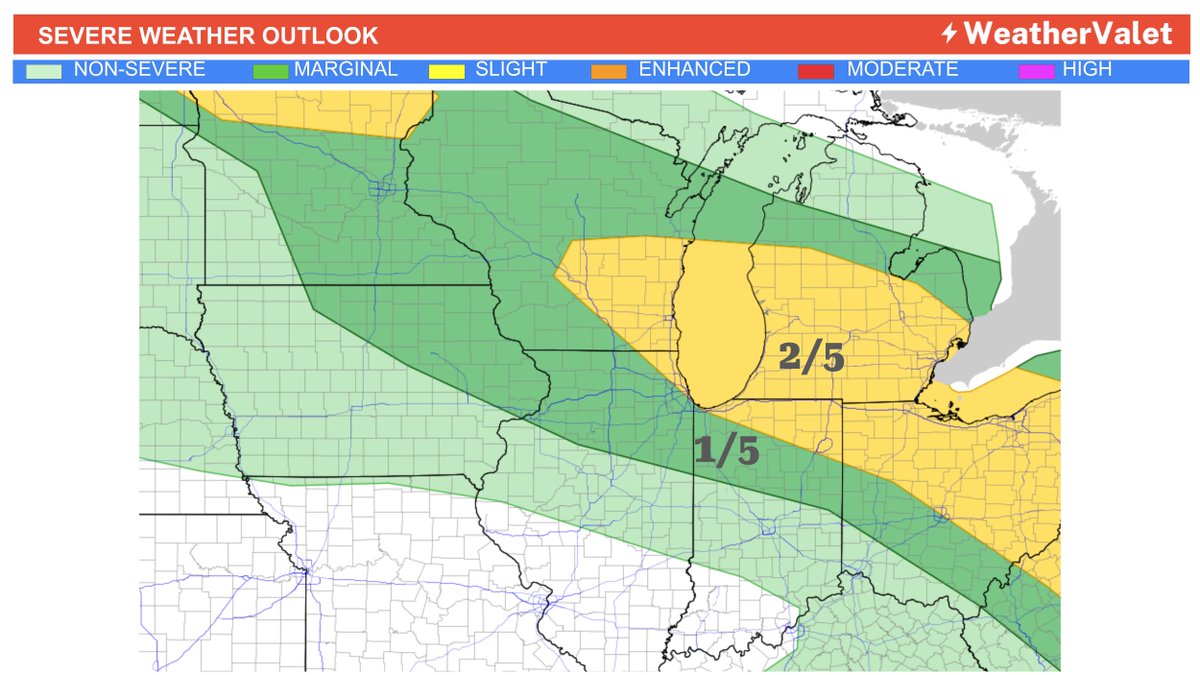 WeatherValet's tweet photo. Northern and Northeastern Indiana under a Slight Risk (2 of 5) for severe thunderstorms today. Damaging winds is the primary threat. Storms will move through this afternoon until the early evening hours. https://t.co/kyaBpocq7D