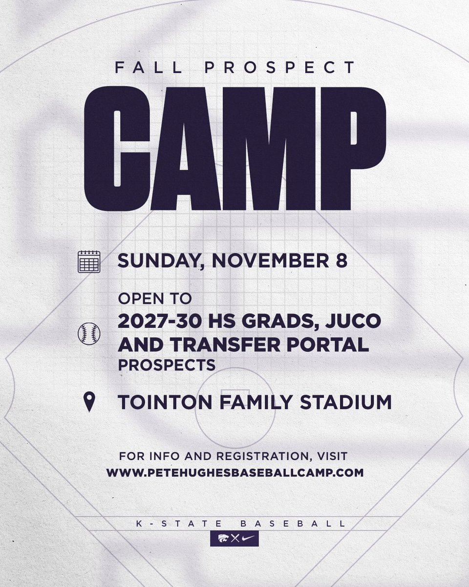 KStateBSB's tweet photo. Registration is now open for the #KStateBSB Fall Prospect Camp‼️ 

🗓️ November 8

For more information and to register, visit https://t.co/DiMNKYUFdX 🔗 https://t.co/AuoLO1Vbva