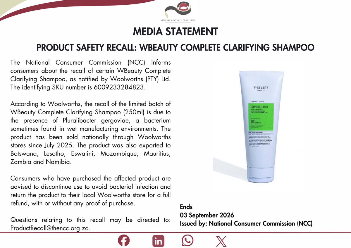 TheNCC_RSA's tweet photo. Product Safety Recall: Check your WBeauty Complete Clarifying Shampoo (250ml). If affected, stop using it and return it to Woolworths for a full refund.
Your safety comes comes first 

#NCC #Recall https://t.co/mcpAWIRhIR