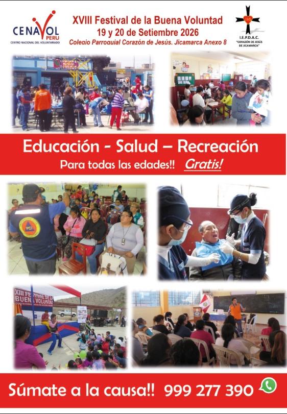 CENAVOL's tweet photo. ¡Llega el XVIII Festival de la Buena Voluntad! ❤️✨
Atención médica, educativa y recreativa 100% GRATIS para todas las edades.
📅 19 y 20 de setiembre 📍 Colegio Parroquial Corazón de Jesús (Jicamarca Anexo 8)
📲 Súmate a la causa: 999 277 390

#SJL #Voluntariado #Perú #Lima https://t.co/1TBaQjbOTq