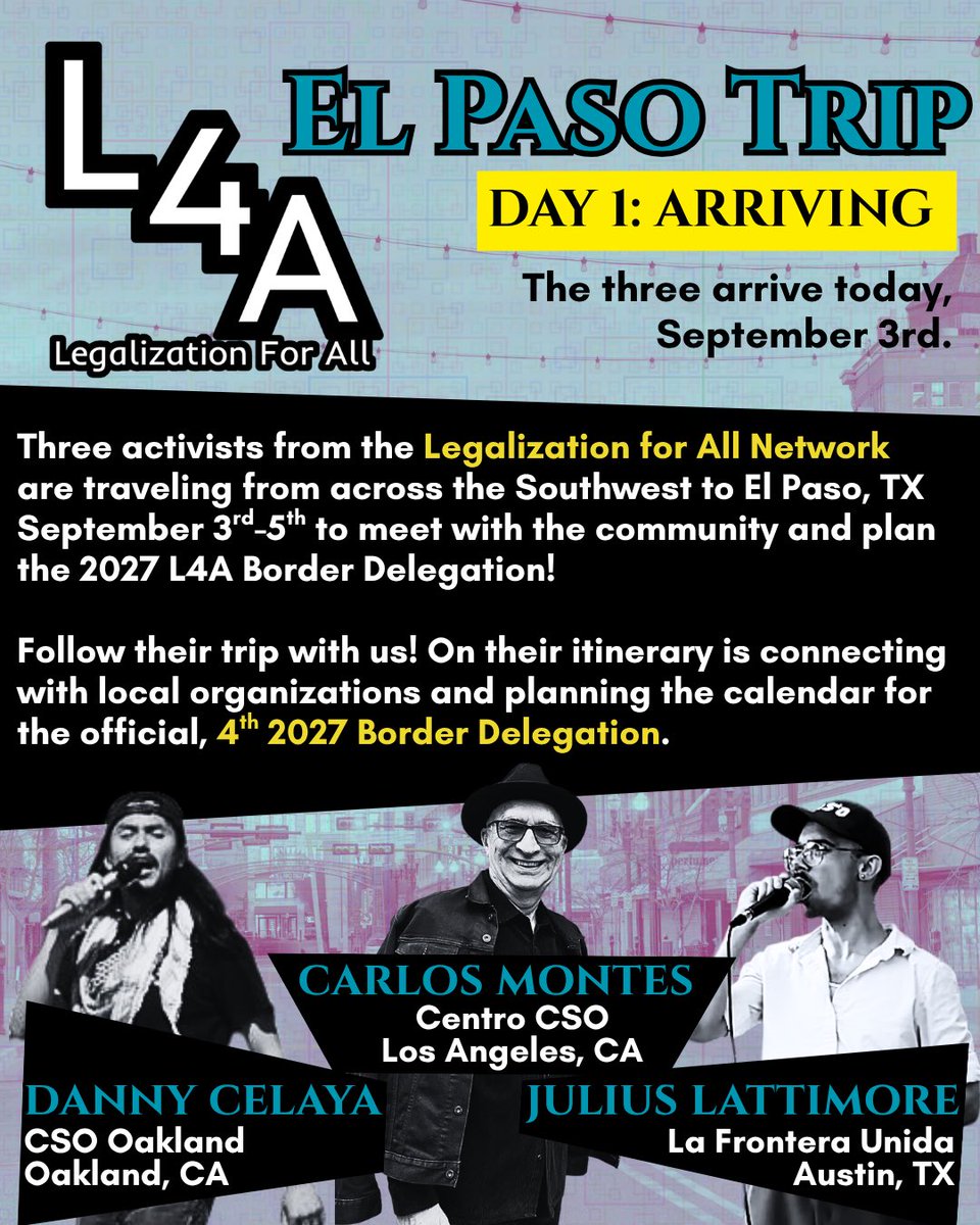 LegalizeForAll's tweet photo. Our first phase of the 2027 Border Delegation is here. Our three travels arrive today in El Paso. Stay tuned as we catalog their trip #BorderDelegation2027 https://t.co/dzA5R60ElI