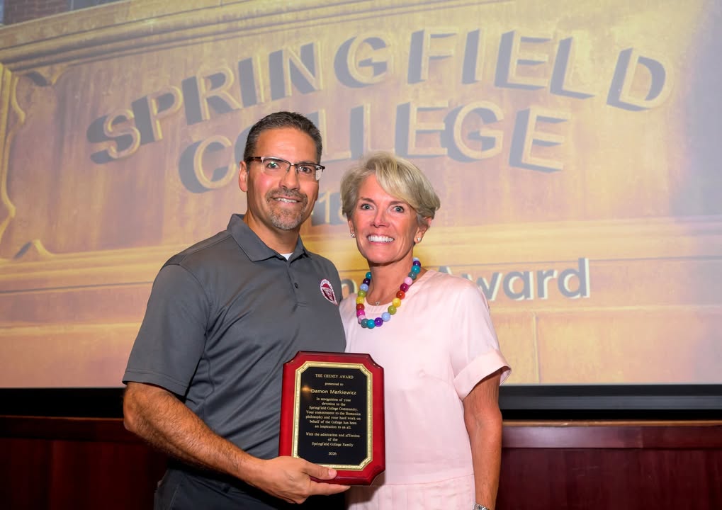 SpfldCollege's tweet photo. 🎉 Congratulations to Damon Markiewicz, associate director for Institutional Advancement communications and recipient of the 2026 R. William Cheney Award! 🏅
Damon has embodied the spirit of #SpringfieldCollege through 14 years of dedication,  and commitment.🔻#CheneyAward https://t.co/ULVvZSiXBt