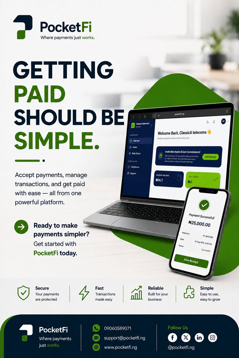pocketfing's tweet photo. 💸 Getting paid shouldn’t be complicated.

Accept payments, manage transactions, and grow your business—all in one simple, secure platform. ⚡🔐📈

With PocketFi, getting paid just works. 💚

#PocketFi #DigitalPayments #Fintech #PaymentGateway #BusinessGrowth #SeamlessPayments https://t.co/PfyiW2AWrt