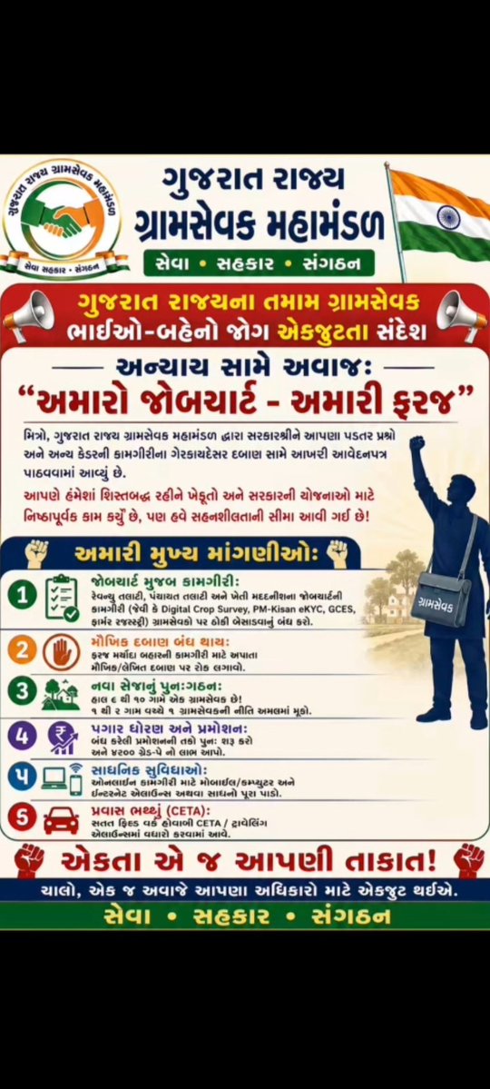 GramsevakNayaka's tweet photo. ગ્રામસેવકોએ ક્યારેય ગેરવ્યાજબી માંગણી કરીને સરકારના કામમાં અવરોધ નથી ઊભો કર્યો. હવે સમય છે કે તંત્ર તેમની રજૂઆતો ધ્યાને લે!
#GramsevakNyayLadat
@CMOGuj
@irushikeshpatel
@GujPRHDept https://t.co/FzbonvNdEi