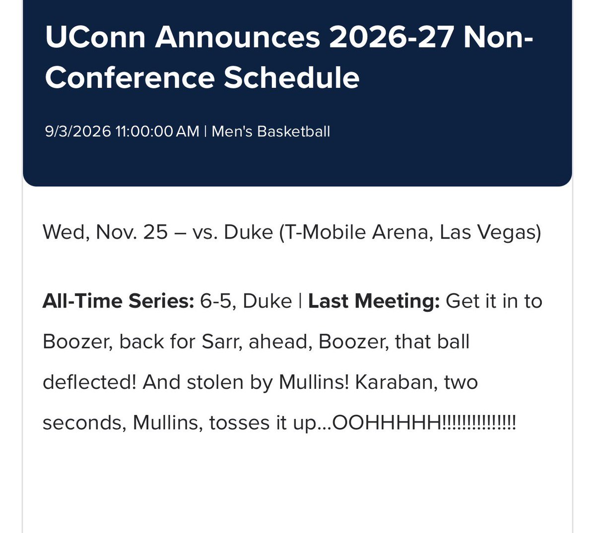 TheFieldOf68's tweet photo. UConn's official schedule release notes for their rematch with Duke 😂👏 https://t.co/NuEno6U33p