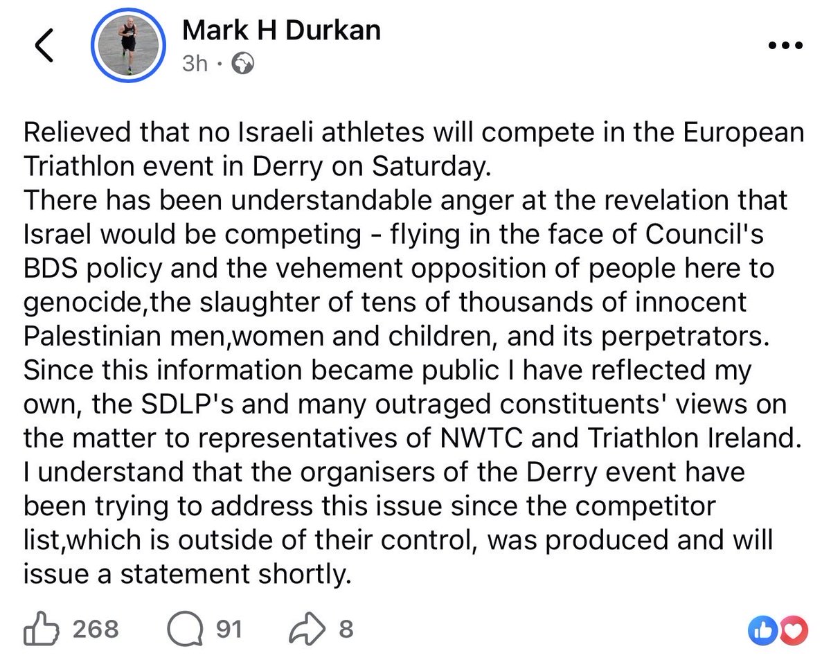 karenievers's tweet photo. 🔴 More Jew-hate. This time in Northern Ireland.  Israeli athletes, who were supposed to compete in the Derry European Triathalon this coming Saturday, were forced to drop out of the competition due to threats.  Collective discrimination against Jews recalls the Nazi era, and is being supported by @MarkHDurkan of the SDLP @SDLPlive party.  

Israeli Sports One writes (translated with AI):

A victory for antisemites? A number of Israeli athletes who came to Northern Ireland to participate in the European Triathlon Cup will not participate in the competition, after the organisers announced that following threats and a demonstration expected to take place right next to the competition, they cannot guarantee their safety and there is concern about the competition taking place as planned.

After examining the situation and out of a desire to maintain the safety of the Israeli triathletes in Northern Ireland, it was decided that they would not compete. The representatives who were supposed to participate in the competition are some members of the Israeli U23 national team, but traveled independently to the competition there, so it was decided not to take a risk.

The Israeli Triathlon Association's response: "The safety and well-being of the athletes are paramount. Along with the decision not to take any risks in the circumstances that have arisen, the association will work with the European Union to ensure that such incidents do not occur in the future, and to ensure that any international competition in which Israeli athletes participate can provide the necessary conditions for their safety and equal participation." @NIFriendsIsrael