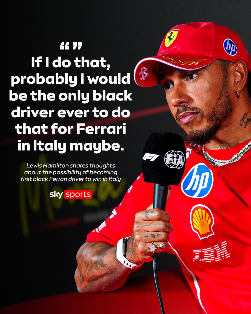 SkySportsF1's tweet photo. Lewis Hamilton says he has been considering the magnitude of potentially becoming the first black Ferrari Formula 1 driver to win a home race for the team, ahead of this weekend's Italian Grand Prix 🗣️ https://t.co/88xyNtj7NK