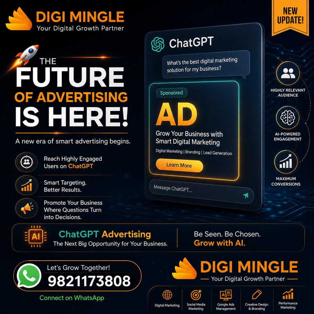 digimingle's tweet photo. 🚀 THE FUTURE OF ADVERTISING IS HERE! 🤖

AI is changing the way people discover brands, products, and services — and businesses need to be ready for the next generation of digital advertising.
📲 WhatsApp: 9821173808

Digi Mingle | Your Digital Growth Partner https://t.co/RP5DDNEMw5