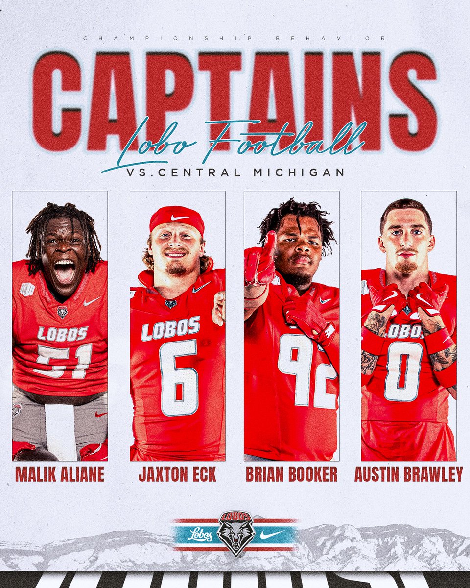 UNMLoboFB's tweet photo. The standard setters. Week 1 captains vs. CMU 🫡

#GoLobos | #RealOnes26 https://t.co/sj6RAQFBzm