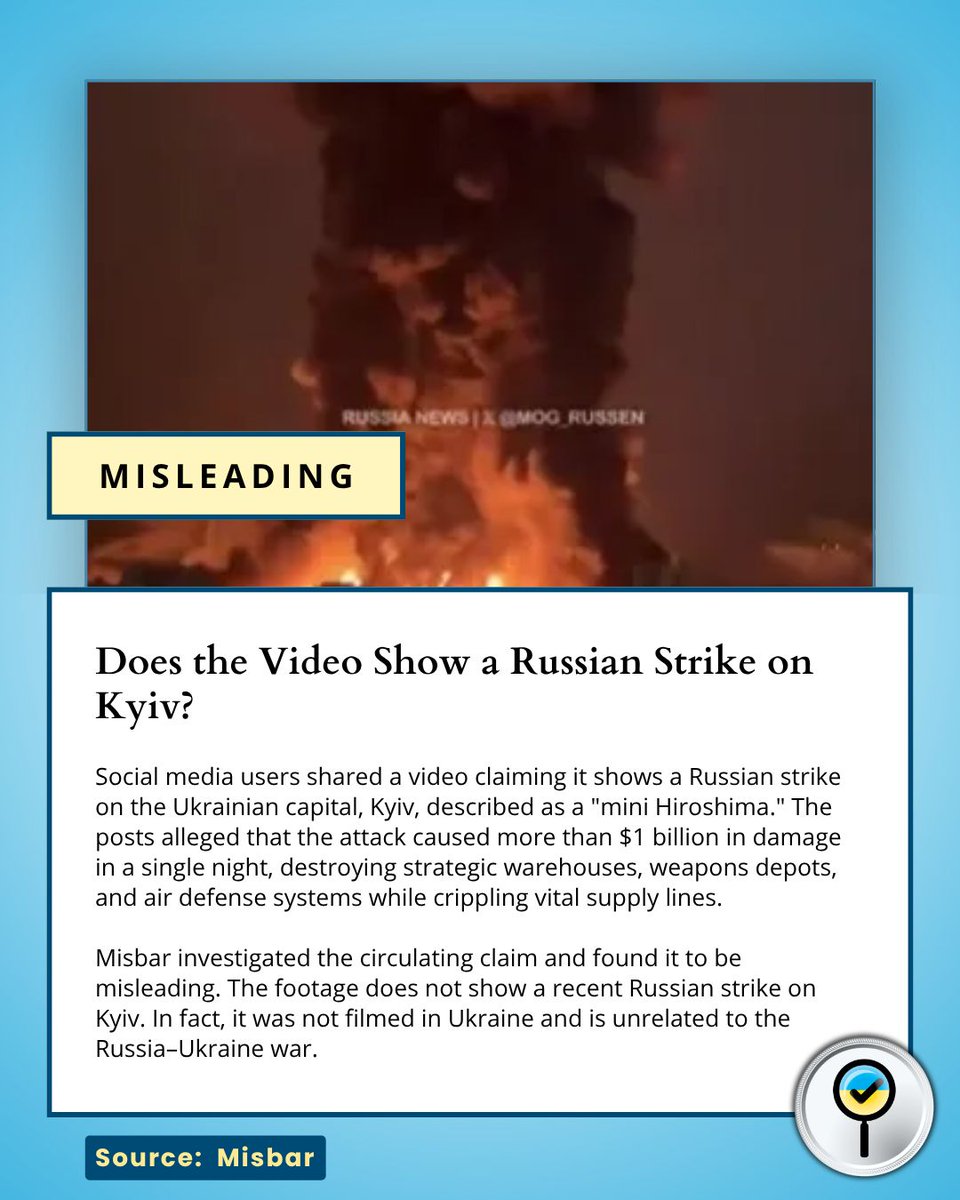 UKRfactcheck's tweet photo. Misbar:
The video has been online since March 8. It shows massive fires at oil facilities and storage depots in Iran following Israeli strikes, rather than a Russian attack on Kyiv as claimed.

Source: Misbar
Date: July 5, 2026 https://t.co/3uvN9Ja7jj