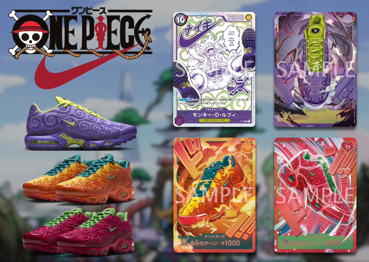 SoleRetriever's tweet photo. PIRATE PULLS: Nike x One Piece trading cards will be available at select activations surrounding the release of the collaboration 🃏

-Nike Tokyo Dr. B’s RESEARCH LAB
-Weekly Shonen Jump
-One Piece Card Game Tournaments https://t.co/w2Yyh6kYUg