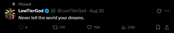 lowtiergodonsol's tweet photo. dex paid. 20m views on one post and 50m overall in just a few days.

never tell the world your dreams. https://t.co/6lLADNgC0a