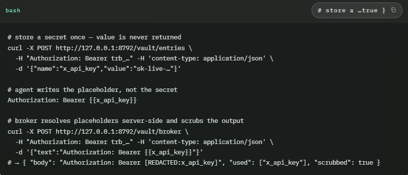 Tributex_402's tweet photo. Brokered access, zero possession.

Agents shouldn't hold your keys — prompt injection turns a coding agent into a leak. The vault stores secrets AES-256-GCM encrypted at rest (persistent to disk, surviving restarts). Agents reference them by placeholder name; the gateway substitutes the real value and scrubs it from every readback. All vault endpoints require an agent key.