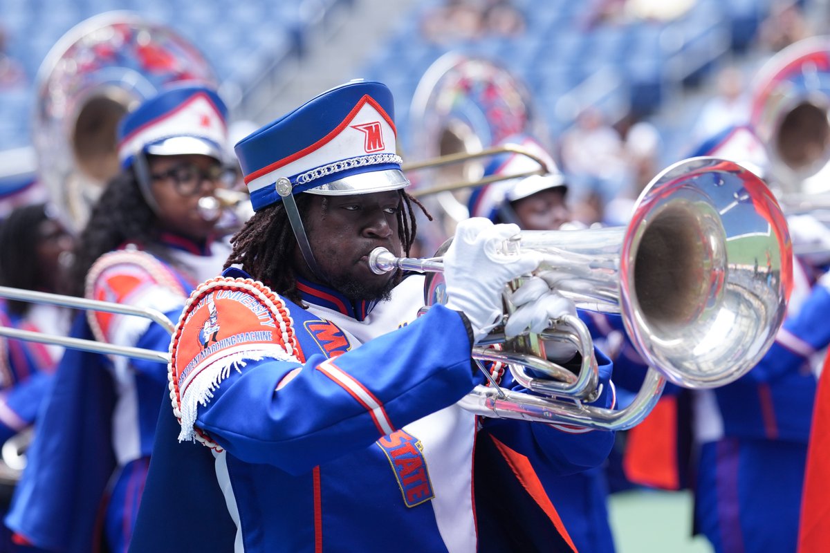 MorganStateU's tweet photo. The Magnificent Marching Machine brought the soul of the National Treasure to the US Open! 🎺🐻

From taking the stage at Arthur Ashe Stadium to filling the courtyard with the unmatched energy and joyful flair that only M3 can deliver, yesterday was a celebration of Morgan excellence and HBCU pride.

President David K. Wilson also joined the excitement, performing the ceremonial coin toss to kick off the action.

📷 Darren Carroll/USTA | #FairMorgan