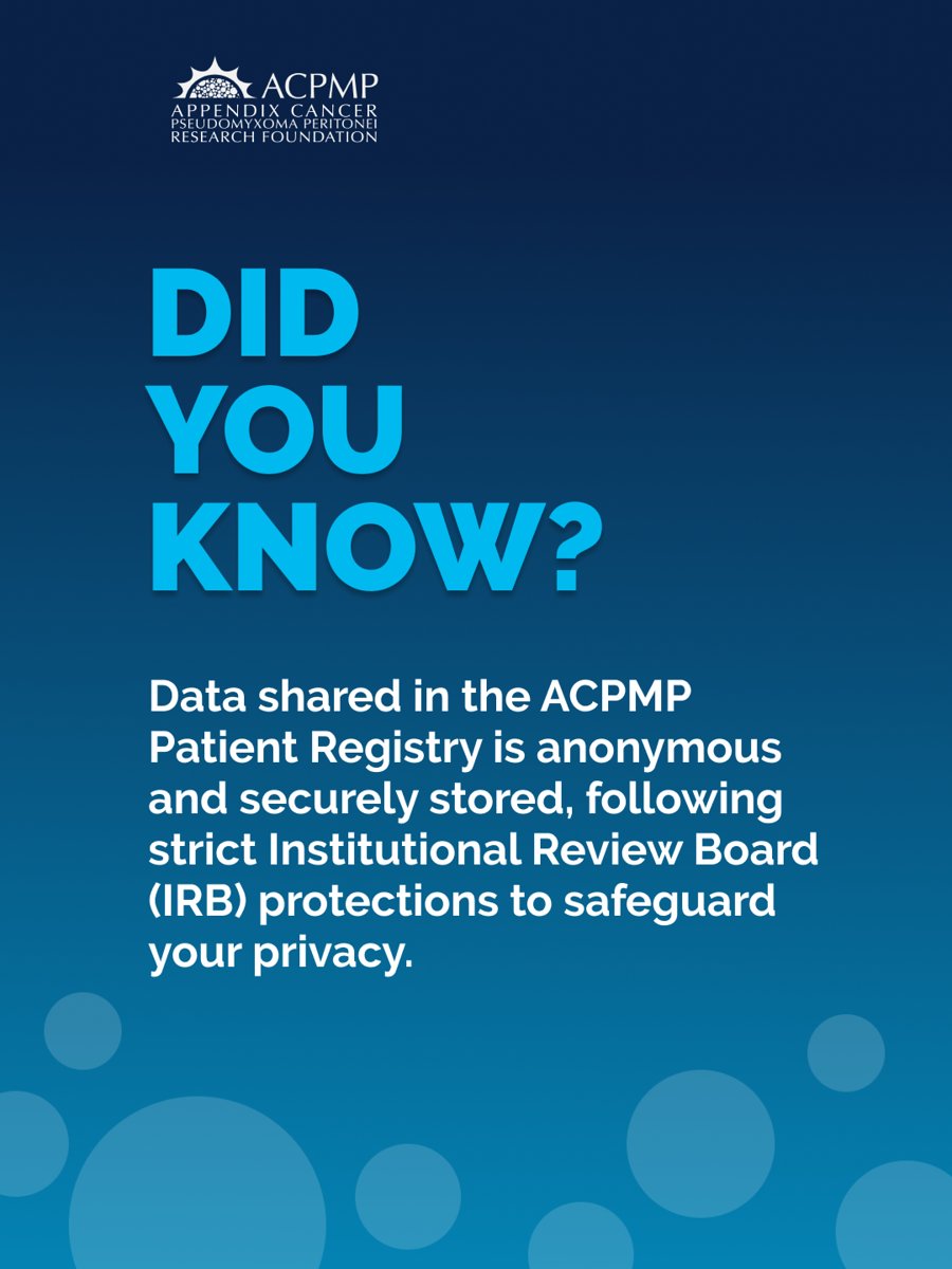 acpmpresearch's tweet photo. The ACPMP Patient Registry is designed to protect your information while helping researchers better understand appendix cancer. Data shared through the registry is anonymous and securely stored, with strict IRB protections in place.

Learn more: https://t.co/lXvhRuXgrX https://t.co/hhnd4NJ6vj