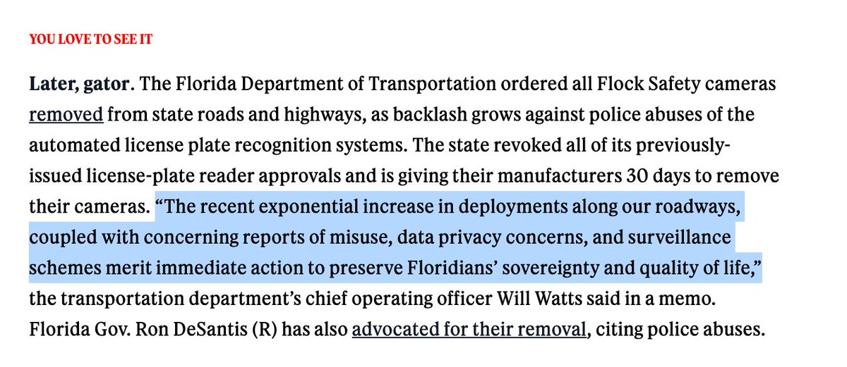 LeverNews's tweet photo. 🚨 NEW: Florida just ordered ALL Flock license-plate cameras removed from state roads and highways, citing surveillance abuses and privacy concerns.

Manufacturers have 30 days to take them down. https://t.co/3cARmYAyA5