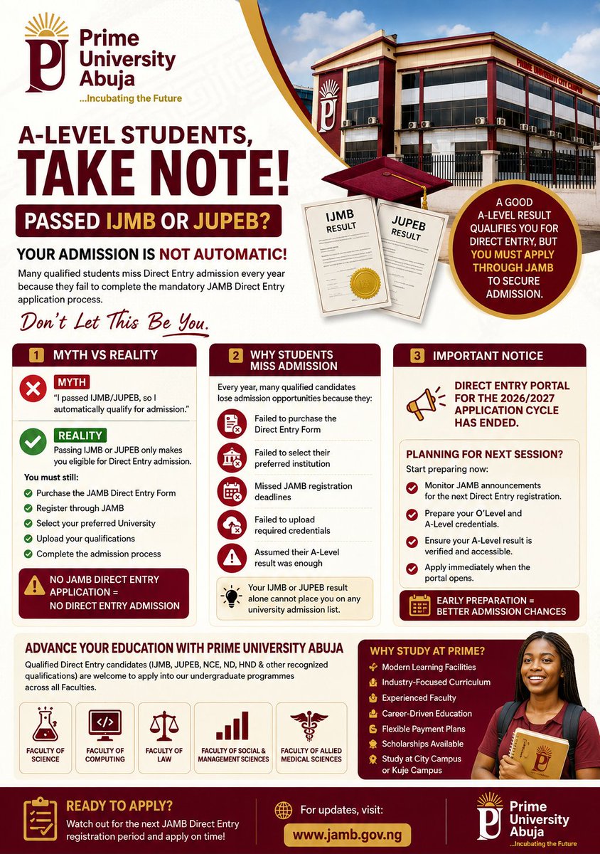 PrimeUniAbj's tweet photo. Every year, thousands of qualified A’Level candidates miss out on #DirectEntry admission opportunities, not because they failed their examinations, but because they failed to complete the required Joint Admissions And Matriculation Board @jamb_hq's #DirectEntry application process?

If you are a #JUPEB, #IJMB, #ND, #NCE, other A’Level candidate, or even a #parent planning ahead for the next #admission cycle, this is an important #guide you cannot afford to miss.

Read the full #article here: https://t.co/dDmVEX8ryc

#PrimeUniversityAbuja #IncubatingTheFuture #JUPEB #IJMB #DirectEntry #JAMB #UniversityAdmission #AdmissionGuide #ALevel #HigherEducation #StudyInNigeria #UniversityAdmissions #JAMBDirectEntry #AdmissionTips #ProspectiveStudents #AdmissionsOpen #EducationNigeria #StudentSuccess #FutureStartsHere