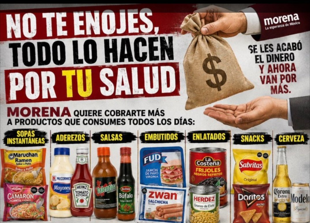 GuacamayanLeaks's tweet photo. Recuerda @PartidoMorenaMx cuida tu salud, por eso @Claudiashein recomienda una alimentación basada en frijoles, tortillas y chile como nuestros antepasados.

Por eso van a llenar de impuestos los productos más peligrosos de la tiendita de la esquina, no creas que urge más recaudación.