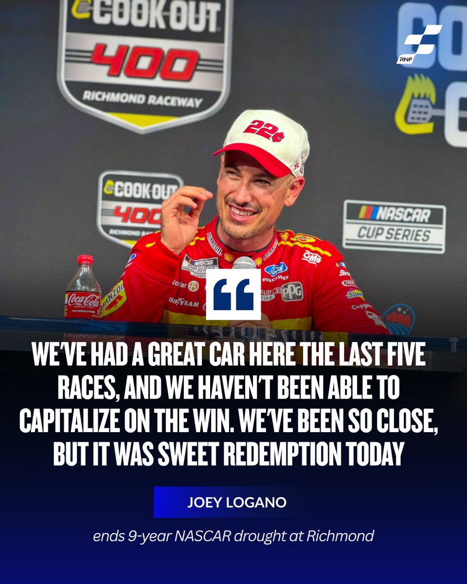 GavinStibbamx's tweet photo. Joey Logano is heating up at the perfect time. After nine years, he’s back in Victory Lane at Richmond, holding off Chase Briscoe by 0. 392 seconds for his 39th Cup win and second in four races. He’s jumped from 20th to 9th in six races. https://t.co/Aqkqg3OKhc