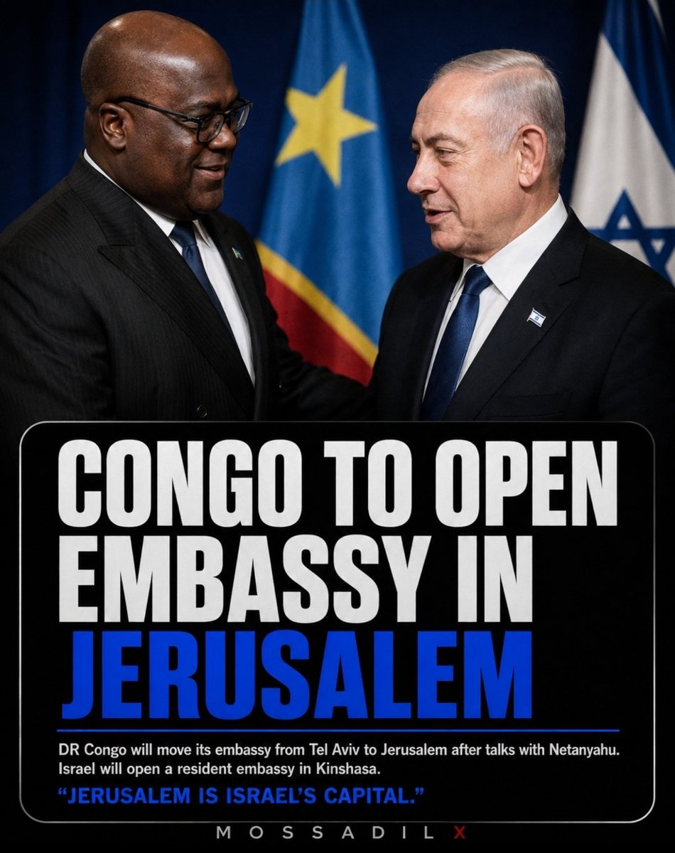MOSSADil's tweet photo. CONGO TO OPEN EMBASSY IN JERUSALEM 🇨🇩🇮🇱

The Democratic Republic of Congo will move its embassy from Tel Aviv to Jerusalem, following talks between Prime Minister Benjamin Netanyahu and President Félix Tshisekedi.

Israel, in return, will open a resident embassy in Kinshasa.

Foreign Minister Gideon Sa’ar called the decision a reflection of Israel’s growing diplomatic ties, noting that the number of foreign embassies in Jerusalem has risen from five to 11 during his tenure.

Another country recognizes the reality: Jerusalem is Israel’s capital.