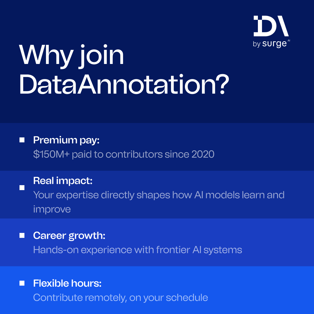 Data_Annotation's tweet photo. Plenty of platforms advertise good terms. Ours are backed by contributors who have counted on them for years.

Apply now. Link in bio. https://t.co/JD1HVZUBlD