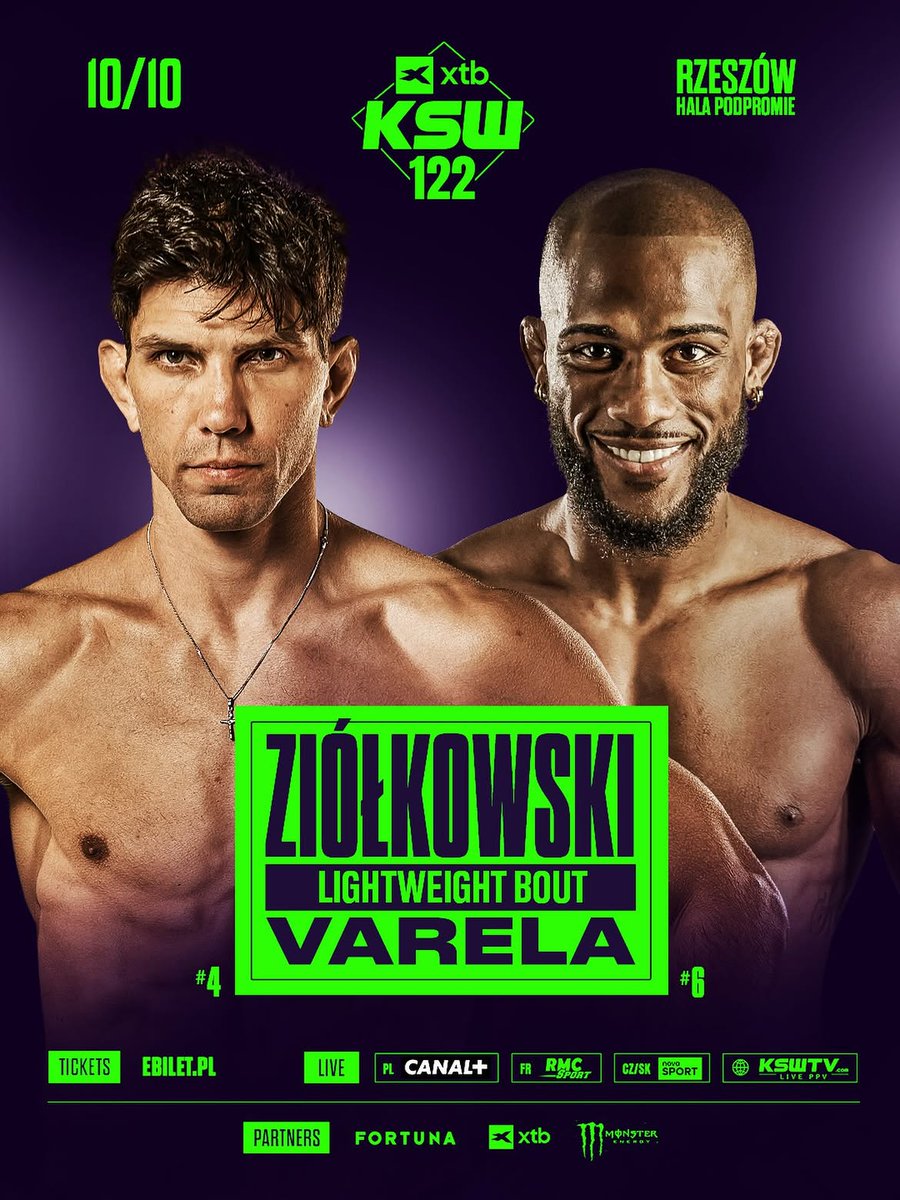 KSW_MMA's tweet photo. Round two! 🔥

Marian Ziółkowski 🇵🇱 and Wilson Varela 🇫🇷🇵🇹 are set to face each other once again. Their first fight ended early after an injury to Goldenboy, leaving fans wanting more.

Now, they get another chance to settle the score. 👀

XTB #KSW122 | OCT 10 | Rzeszów | 🎫 @eBiletPL 
______________________________________________

🔥 THE REMATCH IS ON! 🔥
Wilson Varela est de retour… et cette fois, il veut terminer ce qu’il a commencé. 😤
⚔️ WILSON VARELA 🆚 MARIAN ZIÓŁKOWSKI
💥 Une revanche qui promet d’être explosive !
📍 XTB KSW 122 — Rzeszów
📅 10 octobre