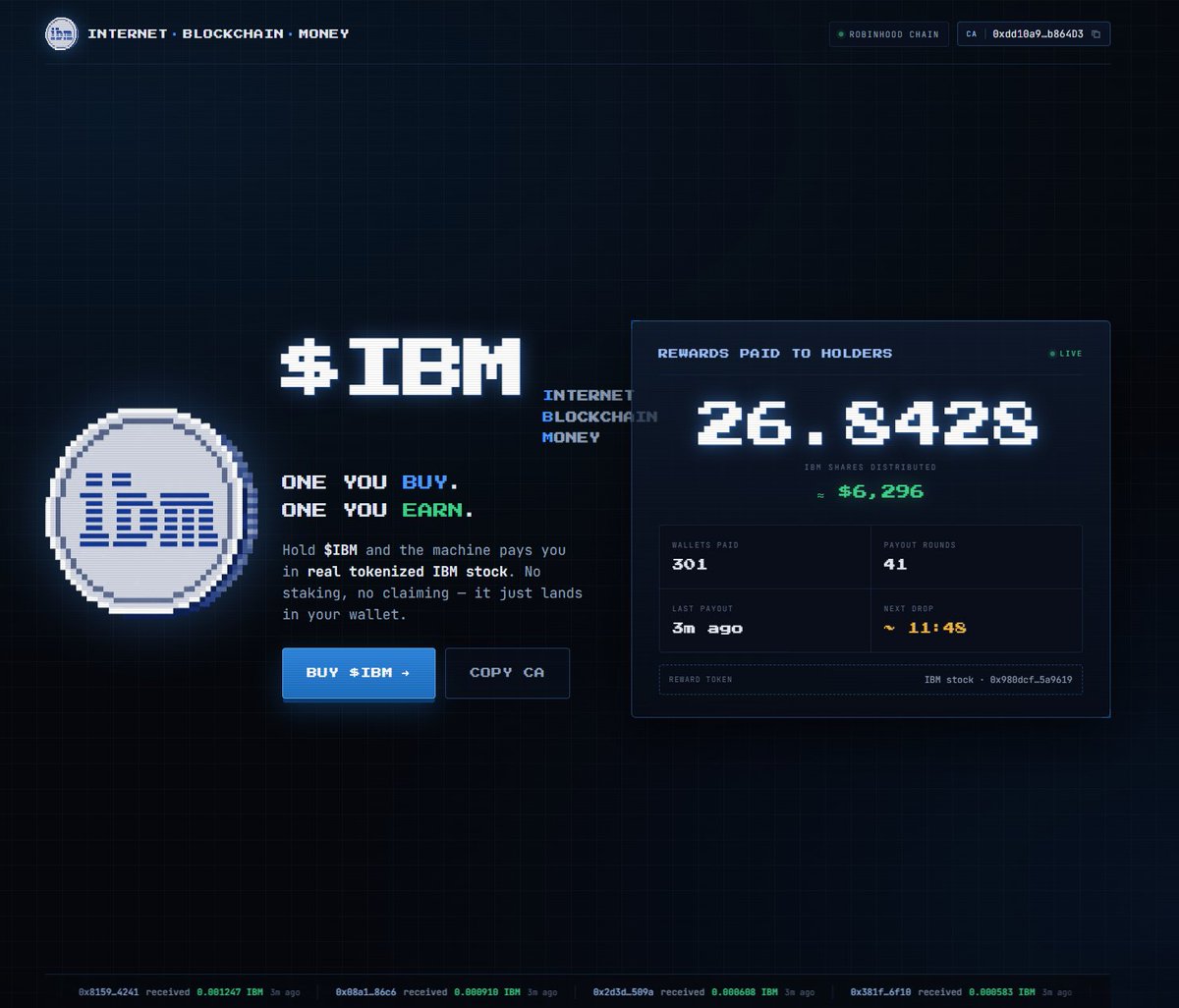IBMreward's tweet photo. Our website and dashboard is live!

https://t.co/slUn6cBM51

Hold This $IBM : 0xdd10a91cF63aBe72242925471E48a58438b864D3 

Earn This $IBM : 0x980dcf6766FA79f5Cf0c4AAdb3ab477ff15a9619

Automatically, every 15 minutes. https://t.co/KQBHBtzDPE
