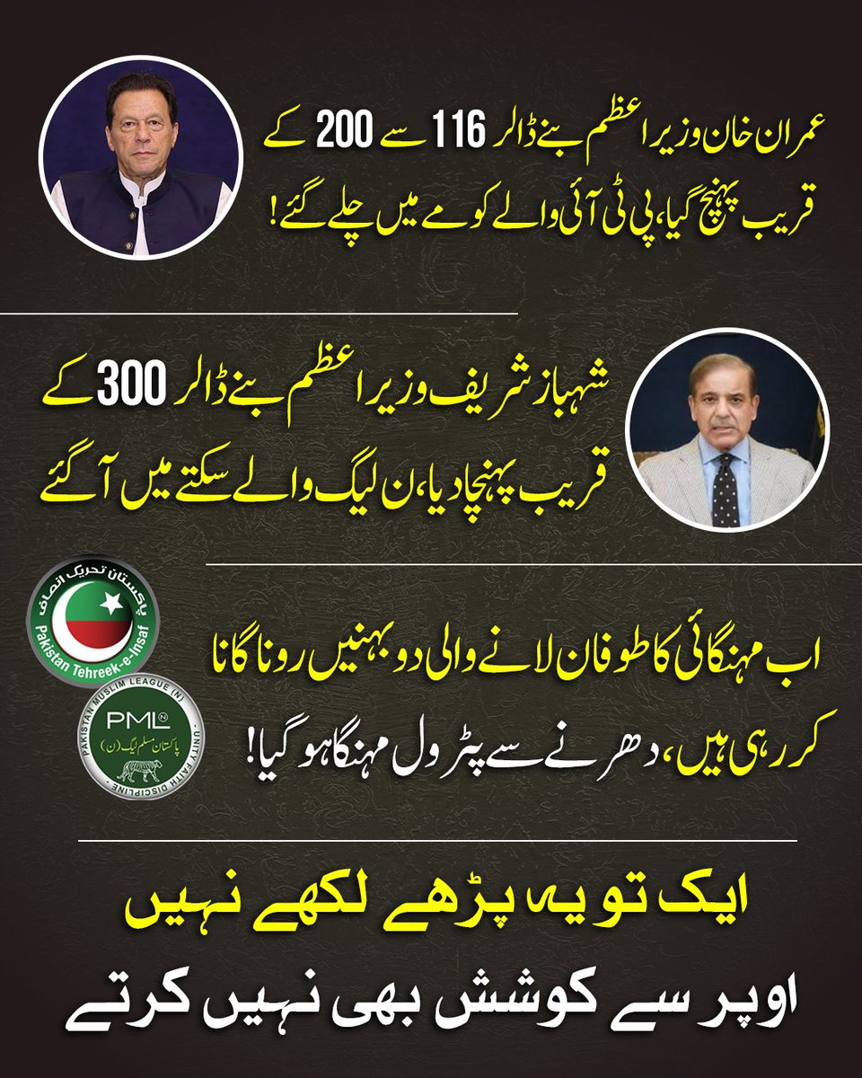 ShamsAmjadJI's tweet photo. عمران خان وزیر اعظم بنے ڈالر 116 سے 200 کے قریب پہنچ گیا، پی  ٹی آئی والے کومے میں چلے گئے!
شہباز شریف وزیر اعظم بنے ڈالر 300 کے قریب پہنچا دیا ، ن لیگ والے سکتے میں آگئے
اب مہنگائی کا طوفان لانے والی دو بہنیں رونا گانا کررہی ہیں دھرنے سے پٹرول مہنگا ہوگیا! 
ایک تو یہ دونوں پڑھے لکھے نہیں اوپر سے کوشش بھی نہیں کرتے