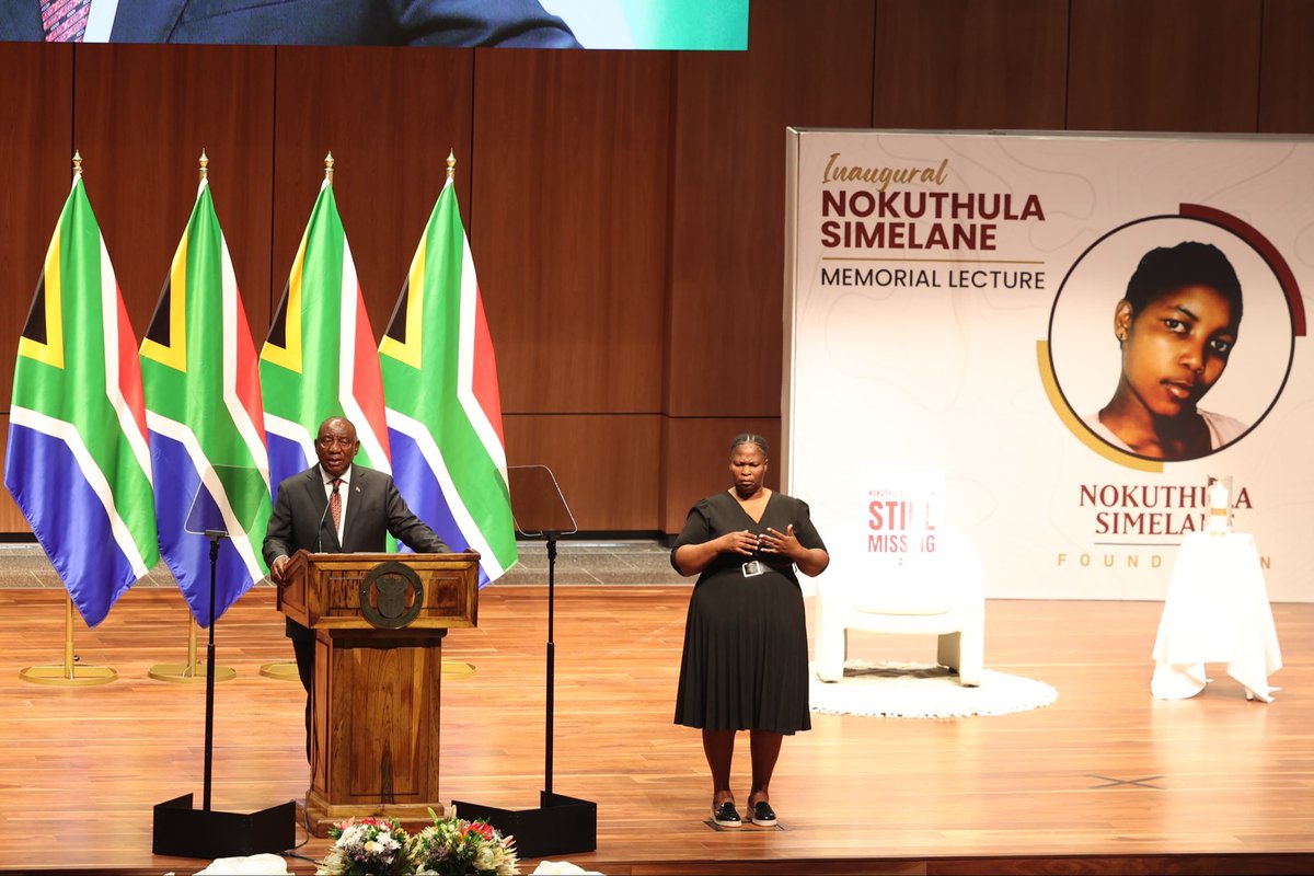 PresidencyZA's tweet photo. President @CyrilRamaphosa delivers the inaugural Nokuthula Simelane Memorial Lecture at the University of Mpumalanga in Mbombela.
 
The Memorial Lecture brings the life and legacy of @NokuthulaSF into a national conversation on truth, justice, accountability and reconciliation, while reflecting on the unfinished work of South Africa’s democratic journey.
 
In honouring Nokuthula’s courage and sacrifice, the lecture also looks to the future, inspiring young South Africans to find their purpose and build a society grounded in human dignity, equality and active citizenship.
 
#RememberingNokuthulaSimelane