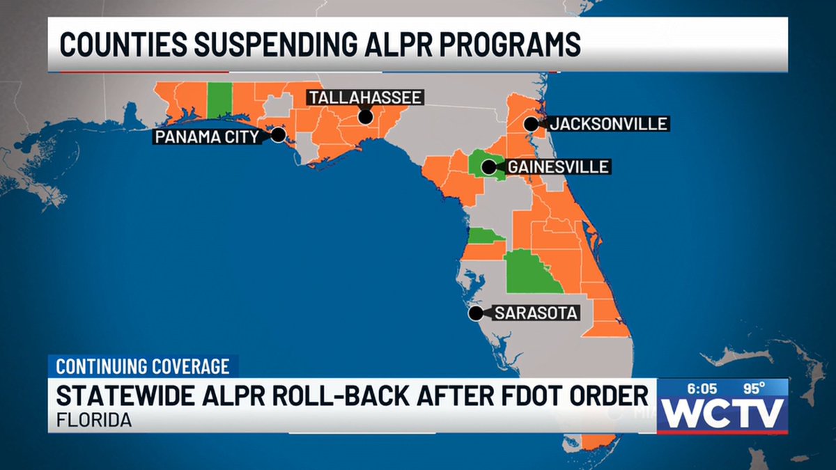 OrwellDay's tweet photo. Florida is nearly half Flock-free!

The counties in orange have fully suspended their Flock-style camera programs.

The counties in green have partially suspended their Flock-style camera programs or are considering moving their cameras from state roads to non-state roads. https://t.co/Nqb0vxyJ50