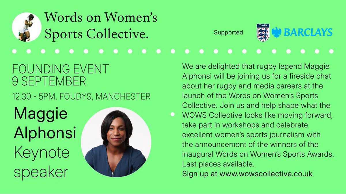 WOWSCollective's tweet photo. Big announcement! The brilliant @MaggieAlphonsi will be joining us the launch of the Words on Women’s Sports Collective for a fireside chat on her rugby and media careers.
A few spaces available so if you’d like to come along next Wednesday, sign up at https://t.co/TF40Iuzlut https://t.co/EJIJN1MRE2