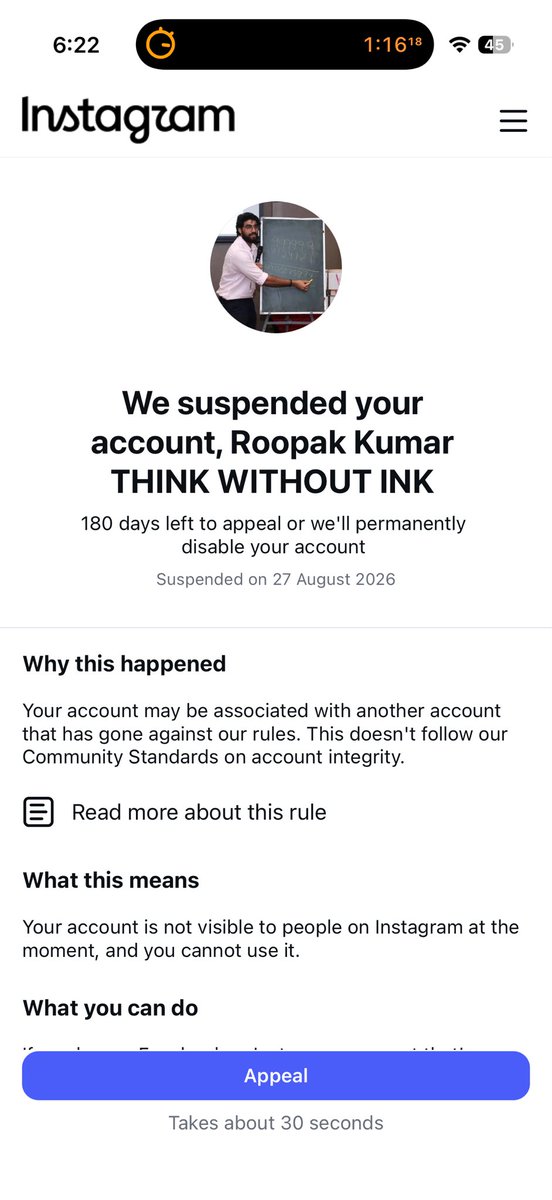 roopakkumar09's tweet photo. @againsubha Hi I saw various memes and videos of you that your account was disabled and still you managed to recover it within few days
I am a high school maths teacher ,I teach maths to kids through Instagram.
Would love if you can help out or share some details on your recovery.