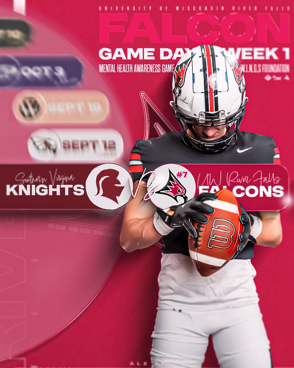 UWRFFootball's tweet photo. Catch us under the lights 👇

🆚 Southern Virginia University Knights
💚 Mental Health Awareness Game
🏟️ David Smith Stadium at Ramer Field 
📍 River Falls, WI
🕗 6 pm CT 
📺 WIAC Network

#falconfootball https://t.co/DEjHIFFbk0