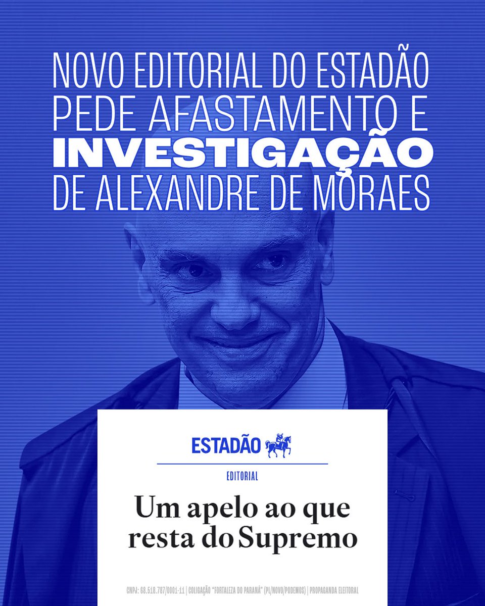 deltanmd's tweet photo. 🚨 ESTADÃO FAZ UM APELO AO QUE AINDA RESTA DO SUPREMO

Em um editorial duríssimo, o Estadão afirma que Moraes “já é um estorvo para o STF” e fala em um “colapso moral que ameaça o STF”.

O jornal defende que o relatório da Polícia Federal seja levado ao plenário, que as suspeitas sejam investigadas e que a Corte coloque a instituição acima do corporativismo. 

O alerta final é ainda mais grave: se o Supremo escolher proteger Moraes em vez de proteger sua própria credibilidade, poderá “morrer abraçado a um dos seus”. 

Os abusos e as suspeitas chegaram a um ponto em que fingir que nada está acontecendo já ameaça o próprio STF.

Toga não é escudo. Suprema é a Constituição.