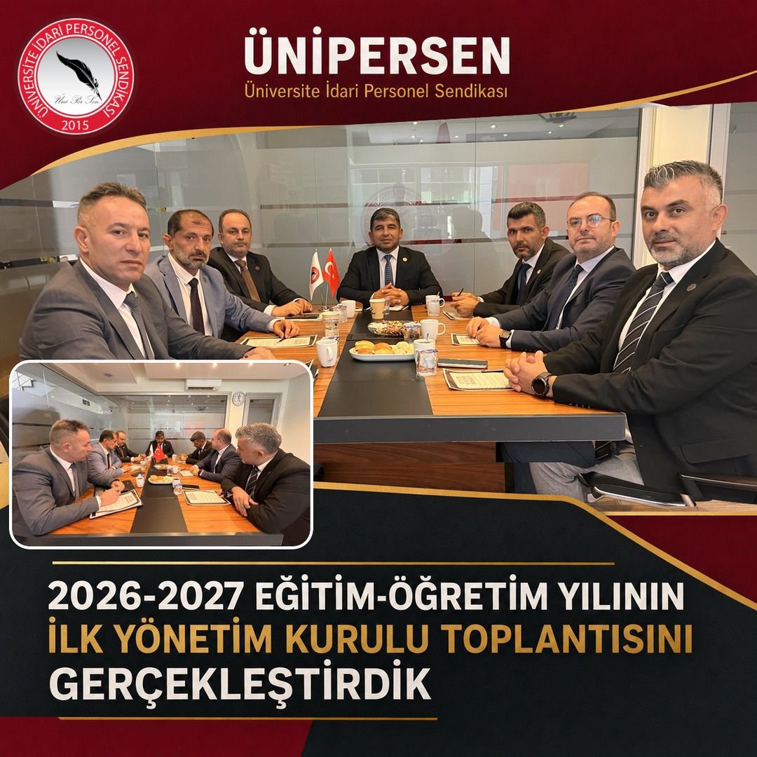 unipersen's tweet photo. 2026-2027 EĞİTİM-ÖĞRETİM YILININ İLK YÖNETİM KURULU TOPLANTISINI GERÇEKLEŞTİRDİK

Üniversite İdari Personel Sendikası olarak 2026-2027 eğitim-öğretim yılının ilk Yönetim Kurulu toplantısını Genel Merkezimizde gerçekleştirdik.

Toplantımızda; üniversite çalışanlarının çözüm bekleyen sorunları, devam eden çalışmalarımız, yeni dönemde hayata geçirilecek projelerimiz ve sendikal mücadelemizin yol haritası kapsamlı şekilde değerlendirildi.

Yeni eğitim-öğretim yılında da üniversite idari personelinin haklarını kararlılıkla savunmaya, sorunları çözüm mercilerine taşımaya ve sonuç alana kadar mücadele etmeye devam edeceğiz.

Alınan kararların teşkilatımıza, üyelerimize ve bütün üniversite çalışanlarına hayırlı olmasını diliyoruz.

Birlikte güçlüyüz, mücadelemizle kazanacağız!

ÜNİPERSEN
Üniversite İdari Personel Sendikası